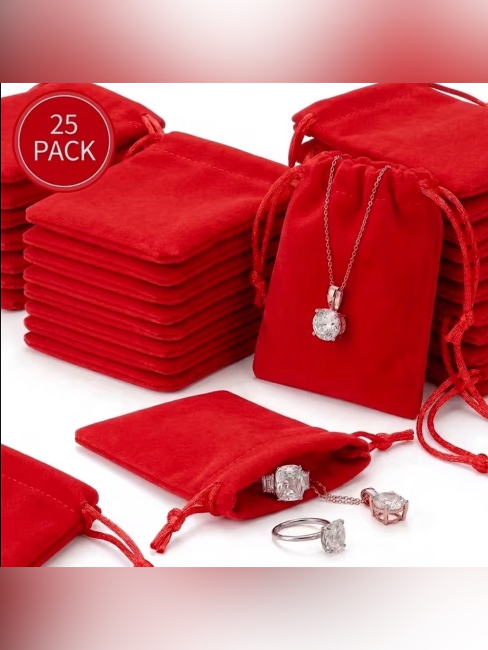 Red Velvet Jewelry Drawstring Pouches - 25 Pack
